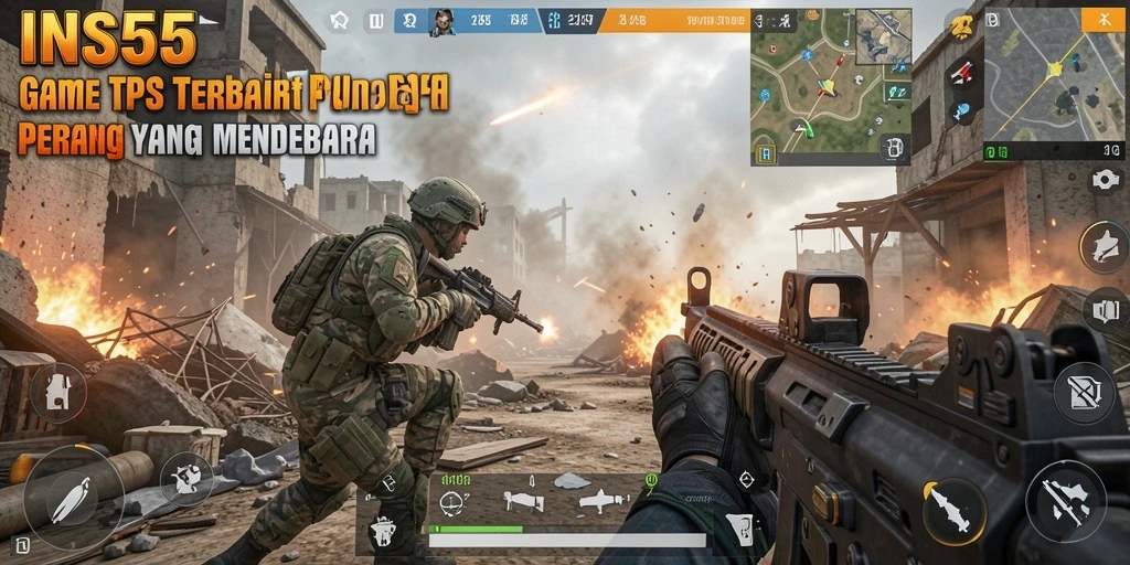 Screenshot gameplay INS55 menampilkan aksi tembak-menembak yang intens dan memukau.