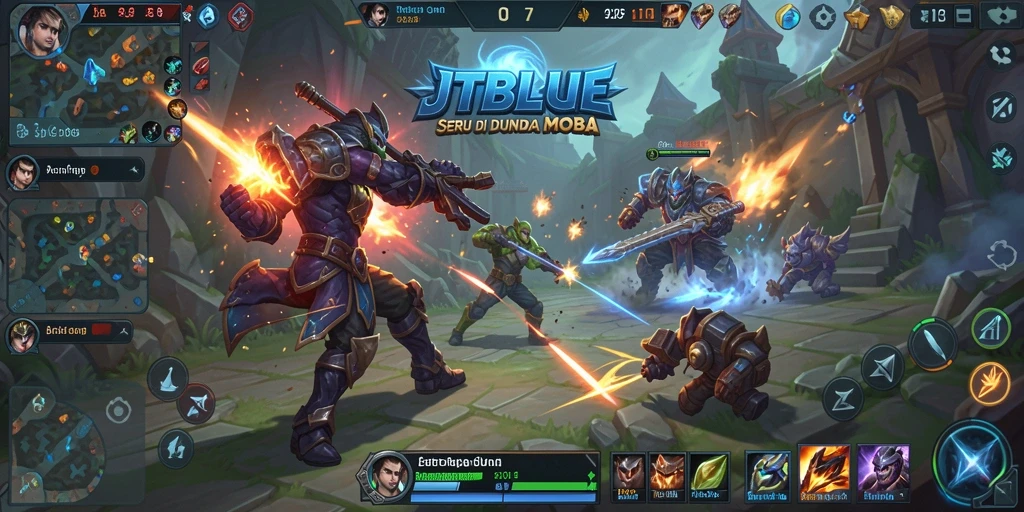 Tampilan pertarungan intens dalam JTBLUE dengan karakter heroik yang beraksi.
