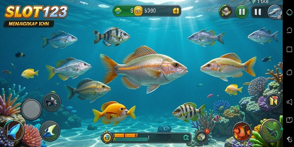 Screenshot gameplay SLOT123 menunjukkan aksi seru menangkap ikan.