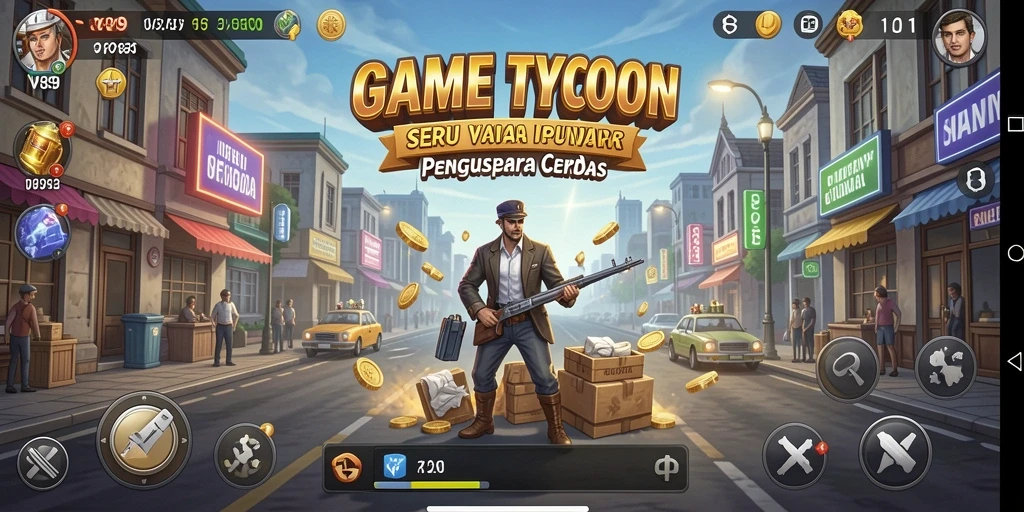 Tampilan gameplay menarik dalam V89 menampilkan manajemen bisnis yang seru.