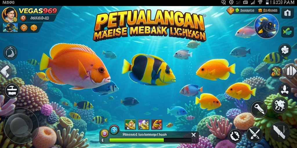 Screenshot gameplay seru dari VEGAS969 saat menembak ikan.